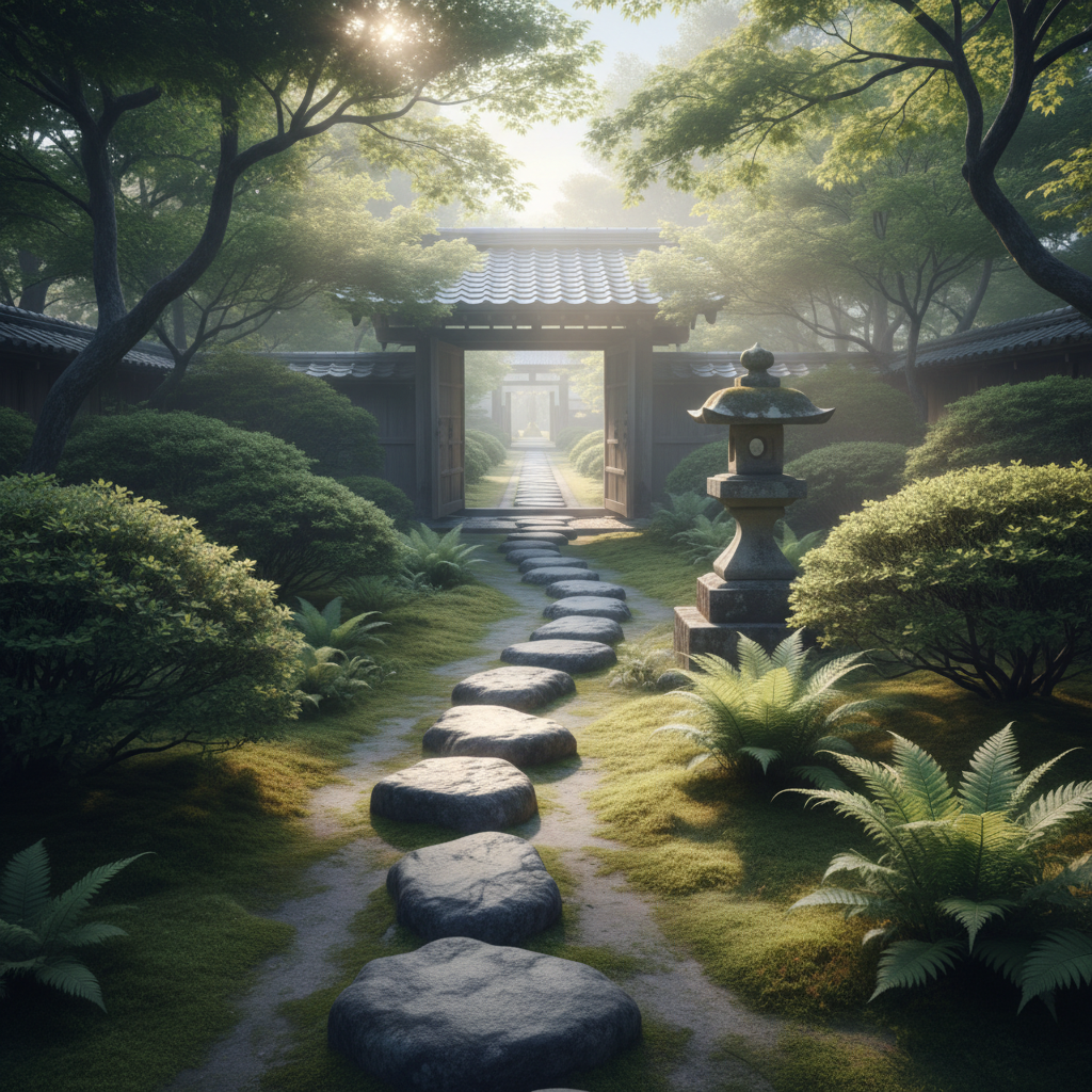 A narrow stone pathway leading through a tranquil temple garden in early morning, captured in photographic realism. Moss-covered stepping stones form a subtle curve toward a distant wooden gate, partially open, suggesting a new stage of life and work ahead. On either side, carefully pruned shrubs, low maples with fresh green leaves, and clusters of ferns create layered textures. A simple stone lantern stands near the path, its surface weathered and lichen-speckled. Soft, cool light filters through a thin mist, with rays of pale sunlight beginning to break through the trees, casting delicate beams and long, gentle shadows. Shot from a low, forward-facing angle to emphasize depth and journey, the mood is serene, introspective, and quietly optimistic.