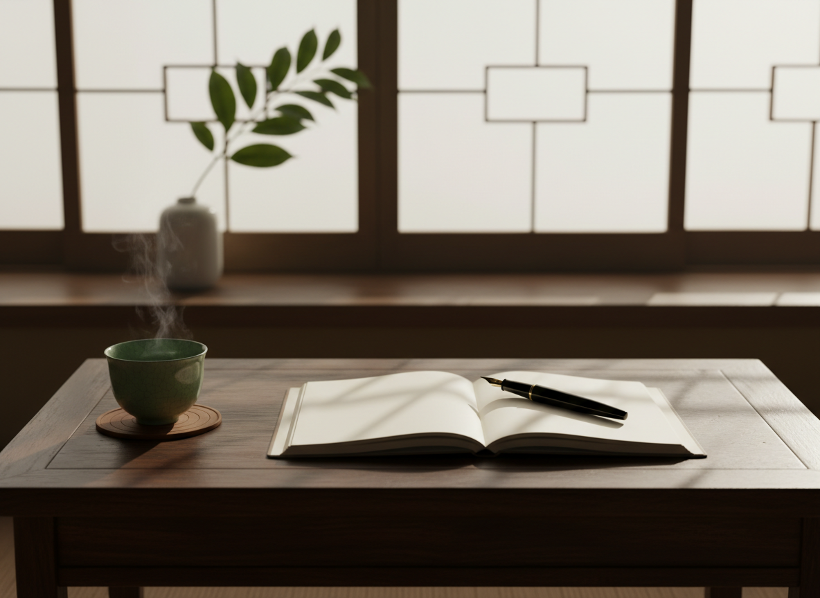A low, dark wooden writing desk in a quiet Japanese-style room, its surface holding a single open notebook with creamy blank pages and a slender black fountain pen resting diagonally across it. To one side, a small celadon tea cup sits on a round bamboo coaster, faint steam curling upward. The desk is positioned near a shoji-screened window, where soft morning light filters through the paper, casting delicate geometric shadows on the wood. In the background, out of focus, a single leafy branch in a simple white ceramic vase adds a touch of living green. Photographic realism, eye-level composition with shallow depth of field, creating a serene, contemplative atmosphere that suggests Eastern wisdom guiding the next stage of life and work.
