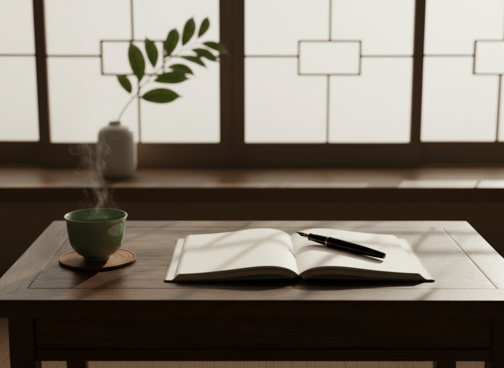 A low, dark wooden writing desk in a quiet Japanese-style room, its surface holding a single open notebook with creamy blank pages and a slender black fountain pen resting diagonally across it. To one side, a small celadon tea cup sits on a round bamboo coaster, faint steam curling upward. The desk is positioned near a shoji-screened window, where soft morning light filters through the paper, casting delicate geometric shadows on the wood. In the background, out of focus, a single leafy branch in a simple white ceramic vase adds a touch of living green. Photographic realism, eye-level composition with shallow depth of field, creating a serene, contemplative atmosphere that suggests Eastern wisdom guiding the next stage of life and work.