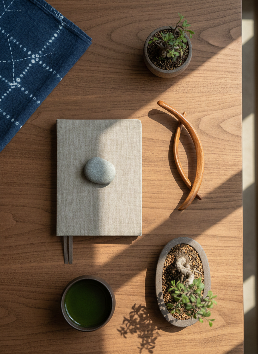 An overhead photographic view of a neatly organized workspace that blends Eastern wisdom and modern career growth. At the center lies a closed, linen-textured journal in muted sand color, with a smooth river stone placed on top. Around it, there is a carefully placed pair of tortoiseshell reading glasses substitute represented by a curved wooden object, a dark ceramic tea bowl with emerald green tea, and a small bonsai-like plant in a shallow stone pot. The desk surface is warm, finely grained walnut, with a folded indigo-dyed cloth in one corner. Soft, diffused daylight from a nearby window washes across the scene, creating gentle shadows and a calm, reflective mood. The composition uses the rule of thirds, with a clean, minimalist aesthetic that feels sophisticated and purpose-driven.