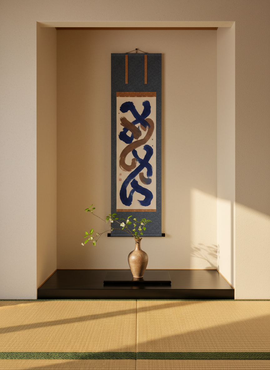 A carefully arranged tokonoma-style alcove featuring a single, tall scroll-like panel with an abstract, text-free pattern reminiscent of flowing calligraphy strokes in deep indigo and warm umber. Below it, a low, matte-black wooden platform holds a single unglazed clay vase with a slender neck, containing a minimalist branch of fresh green leaves and a sprig of white blossoms. The alcove walls are smooth plaster in soft ivory, meeting a tatami floor with precise edges. Late afternoon light enters from the right, creating elegant, elongated shadows and a golden glow on the textures. Shot straight-on with balanced, symmetrical framing and crisp focus, the photographic image feels sophisticated, calm, and quietly powerful, evoking Eastern philosophy as a refined personal sanctuary.