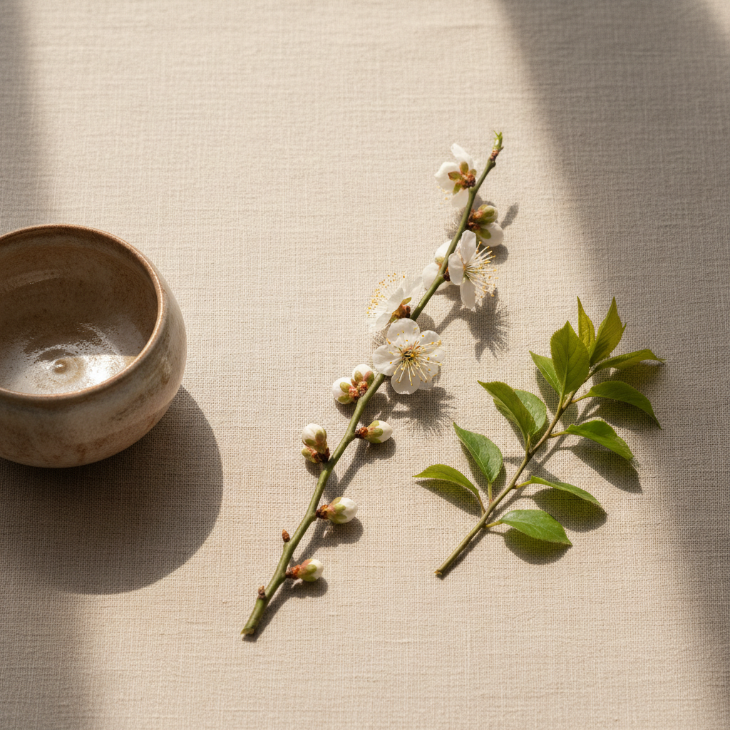 A delicate still-life photograph of seasonal Japanese botanical details: a single sprig of white plum blossoms and a small branch of fresh green leaves arranged beside a shallow ceramic vessel on a soft warm beige linen surface. Soft diffused natural light, elegant shadows. Muted, timeless palette of ivory, sage, and subtle champagne tones. Sophisticated, understated, premium lifestyle still life. Photographic realism.