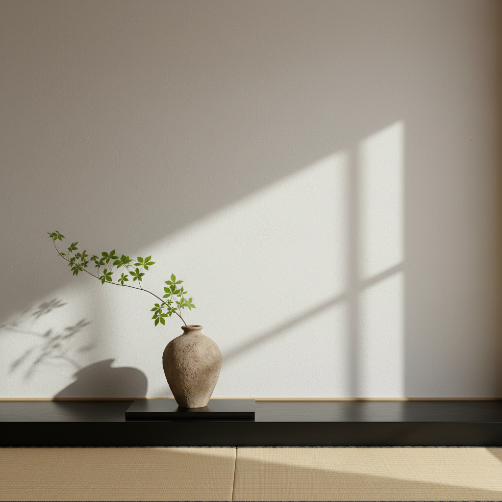 A refined photographic interior detail of a minimalist Japanese room: smooth ivory plaster wall, a single unglazed clay vase holding a slender branch of fresh green leaves on a low matte-black wooden platform, tatami floor edge visible. Late afternoon light casts elegant elongated shadows. Calm, spacious, luxury hotel mood. Muted natural palette, photographic realism, sophisticated and understated.
