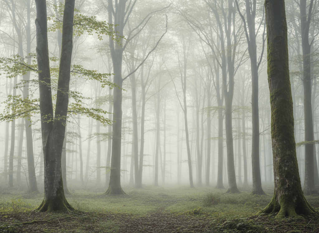 Atmospheric misty forest at dawn, soft diffused natural light filtering through tall trees, muted sage green and ivory tones, calm and unhurried, high-end lifestyle magazine photography, abundant negative space, no people, refined and serene