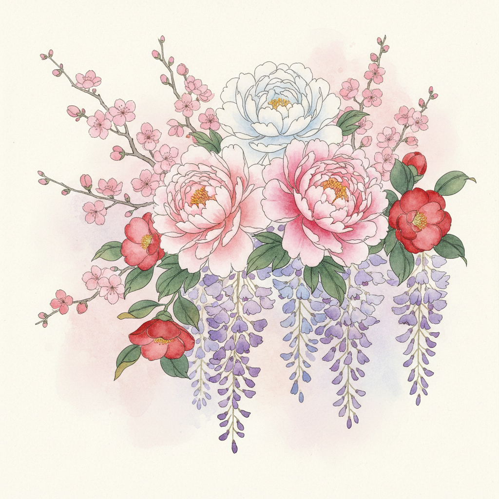 A lush, elegant arrangement of Japanese seasonal flowers — peonies, cherry blossoms, wisteria, and camellia — in soft watercolor botanical illustration style, with a pale ivory and blush pink background. Delicate and refined, evoking traditional Japanese flower calendars and hand-painted botanical art.