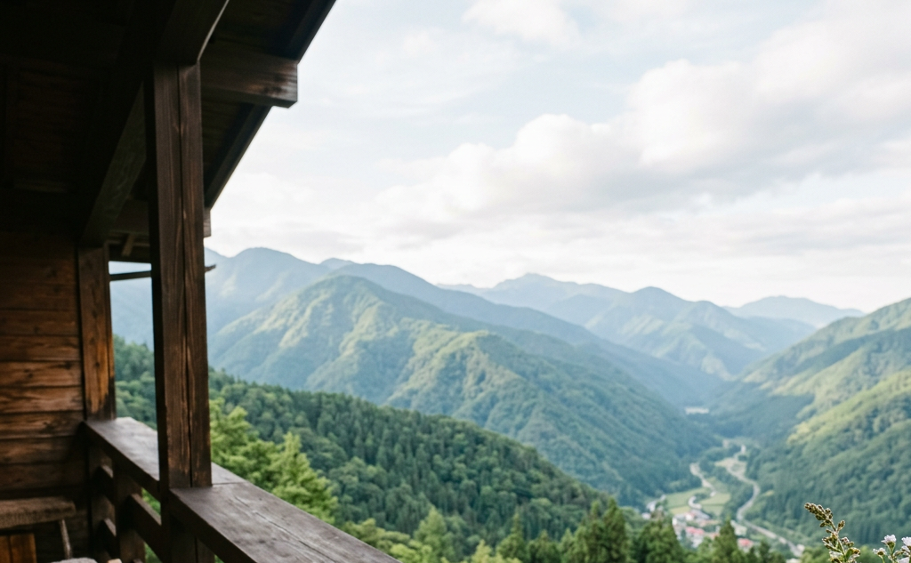 Cup of tea, cake, and open notebook overlooking a mountain valley
