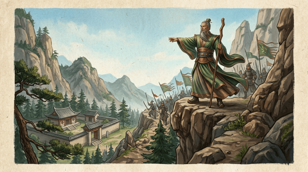 Bearded general with staff leading soldiers above a mountain fortress